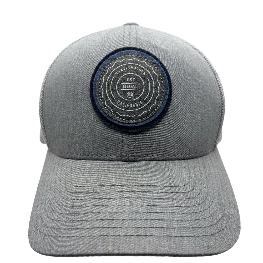 TravisMathew California Patch Gray Trucker Hat 110 Flexfit One Ten Snapback